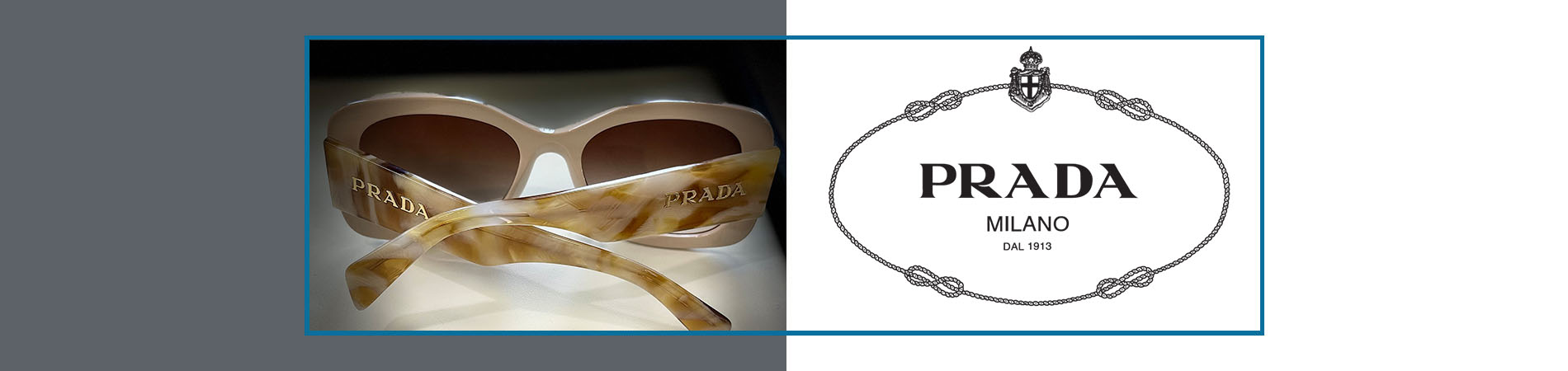 Alt tag A close-up image of a pair of sunglasses with the brand name Prada visible, accompanied by a logo that reads Milano , set against a blurred background.
