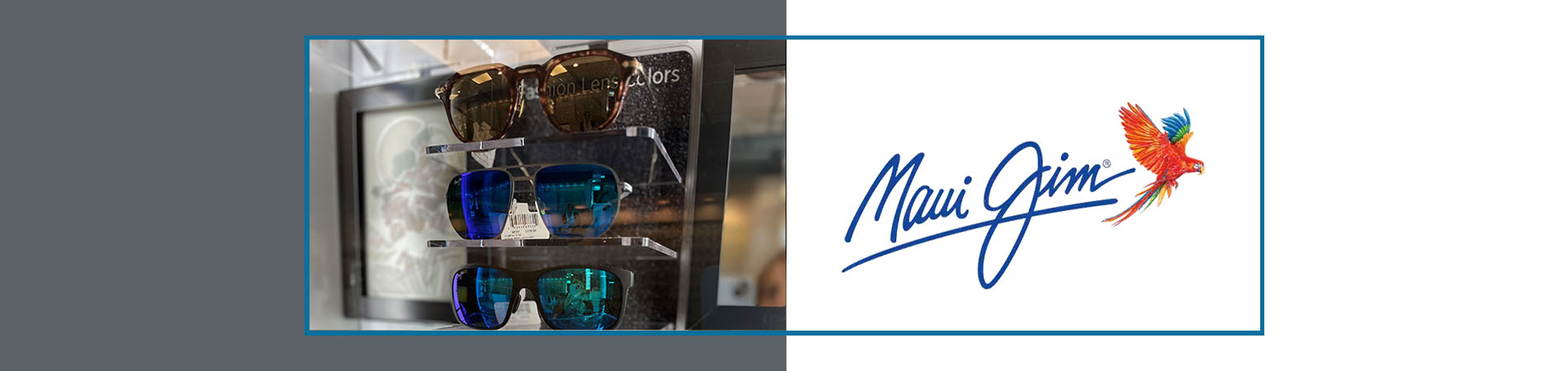 The image shows a sign with the name Mai Jim and a graphic of a colorful bird in flight, set against a blurred background that appears to be an indoor space with lighting fixtures.